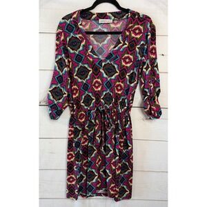 Veronicam Geometric Ikat Print V-Neck Drawstring Waist Roll Tab Dress DSS-2079 S